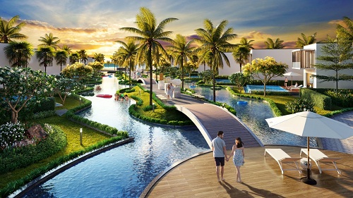 Hệ thống bể bơi liên hoàn trải dài từ sảnh chính ra sát biển kết hợp với đường dạo bộ trong khu nghỉ dưỡng Best Western Premier Sonasea Phu Quoc